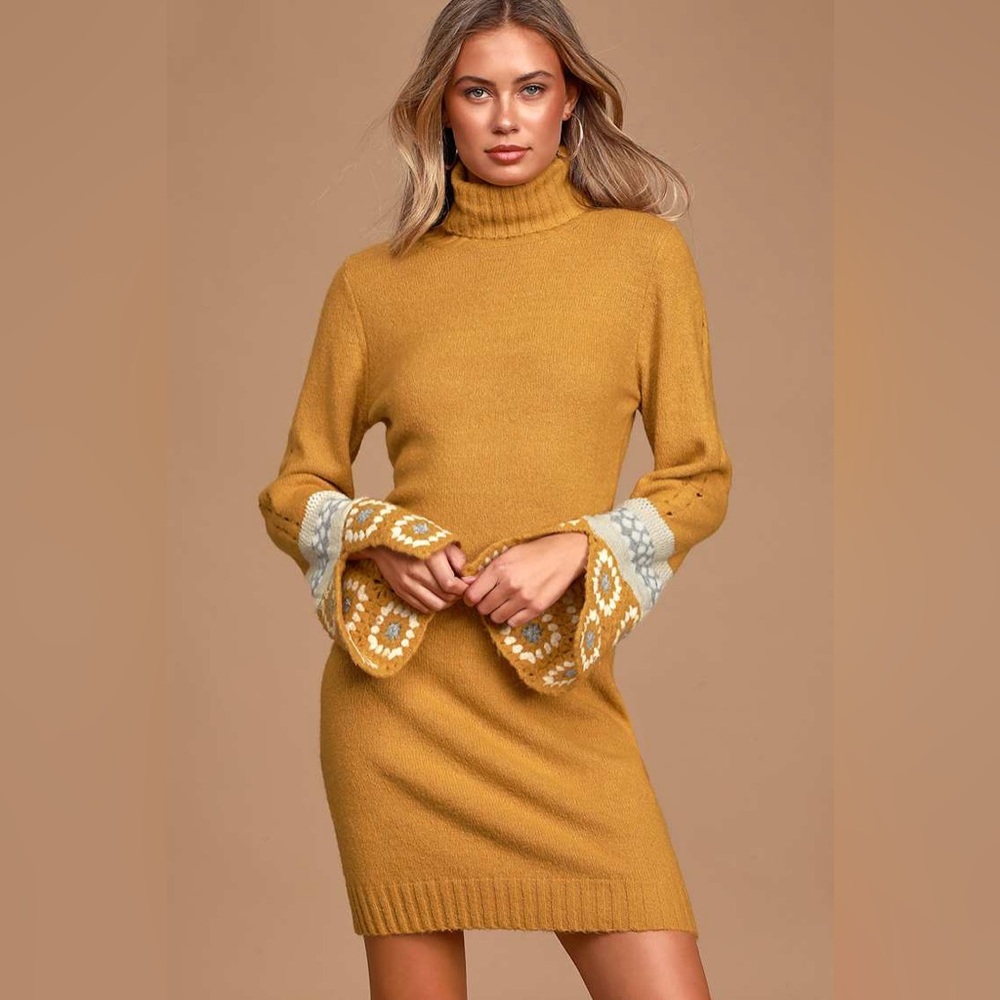 NWT Lulus It's Groovy Mustard Yellow Multi Knit Turtleneck Sweater Dress Size L